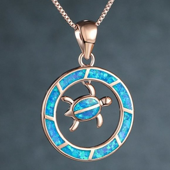 Blue Opal Sea Turtle Circle Rose Gold Necklace - Picture 7 of 7